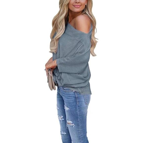 Waffle Knit Off The Shoulder Knot Batwing Shirt Blue XL - Picture 4 of 5